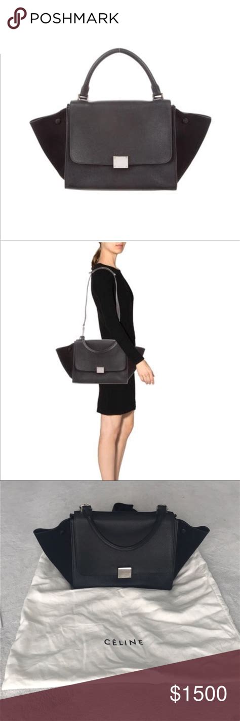 celine black leather suede trim embossed hinge closure trapeze handbag|Celine Trapeze .